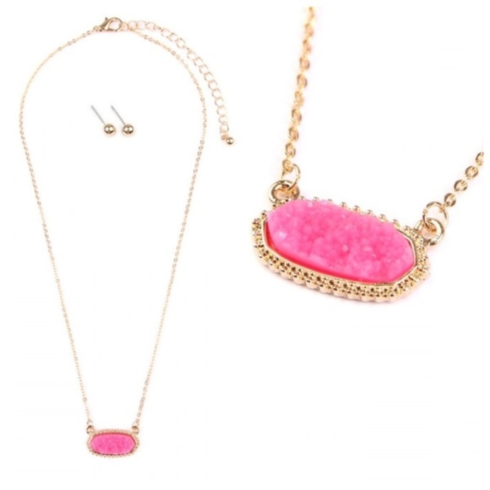 Druzy Quartz Frame Pendant Necklace and Earring Set